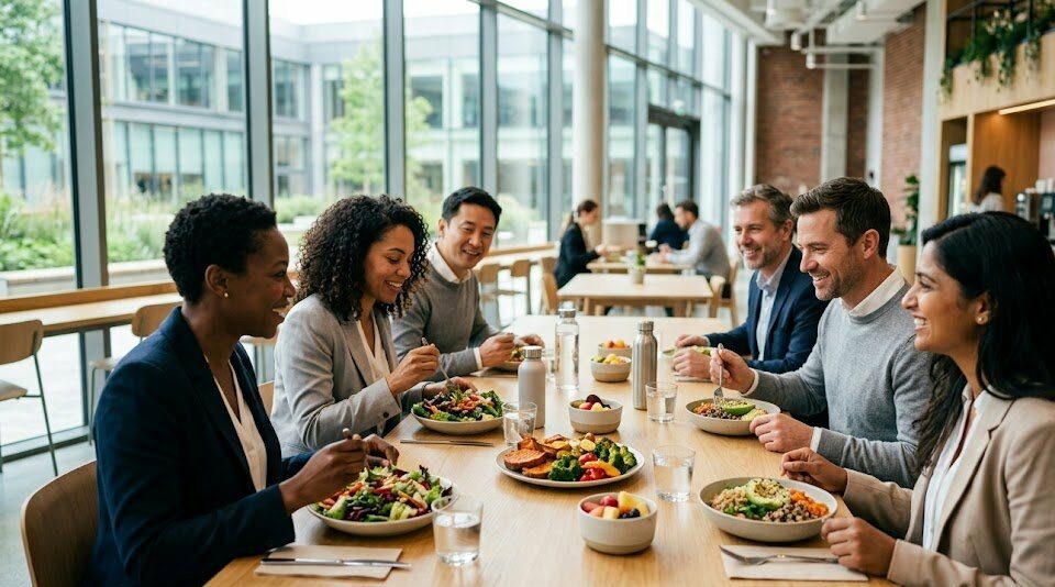 Collaborateurs partageant un déjeuner sain en entreprise, alternative aux aliments ultra transformés