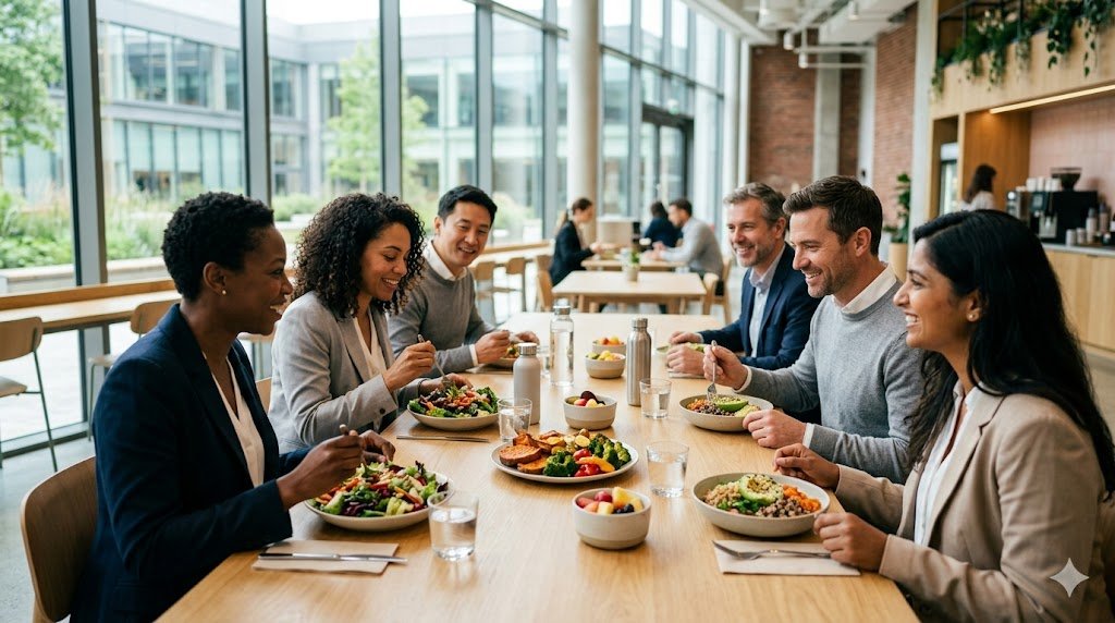 Collaborateurs partageant un déjeuner sain en entreprise, alternative aux aliments ultra transformés