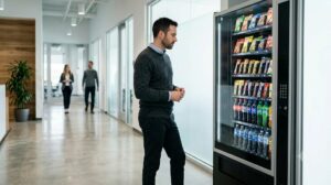 Collaborateur hésitant devant un distributeur d’aliments ultra transformés au bureau