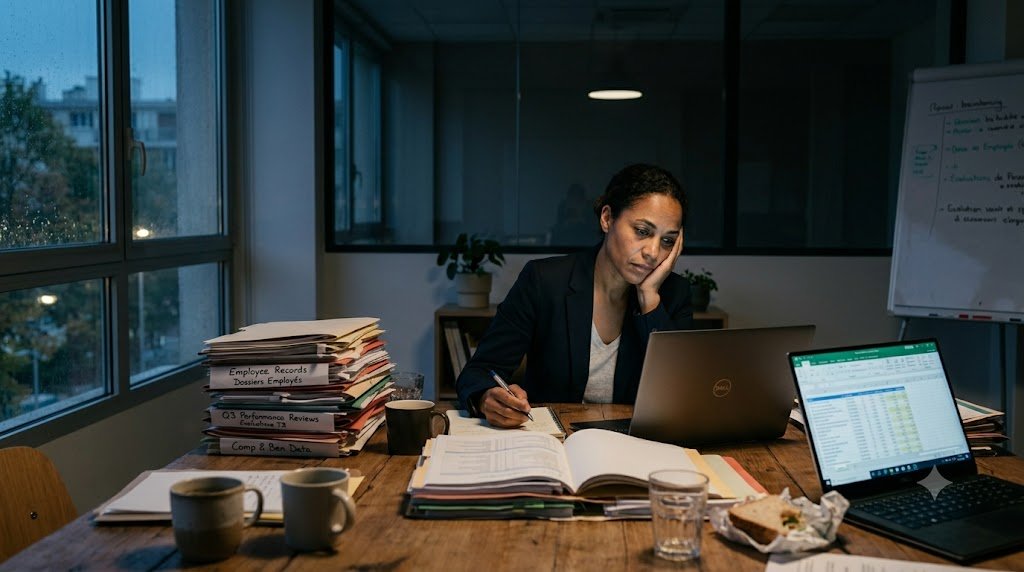 Épuisement de la fonction RH : DRH fatiguée à son bureau le soir