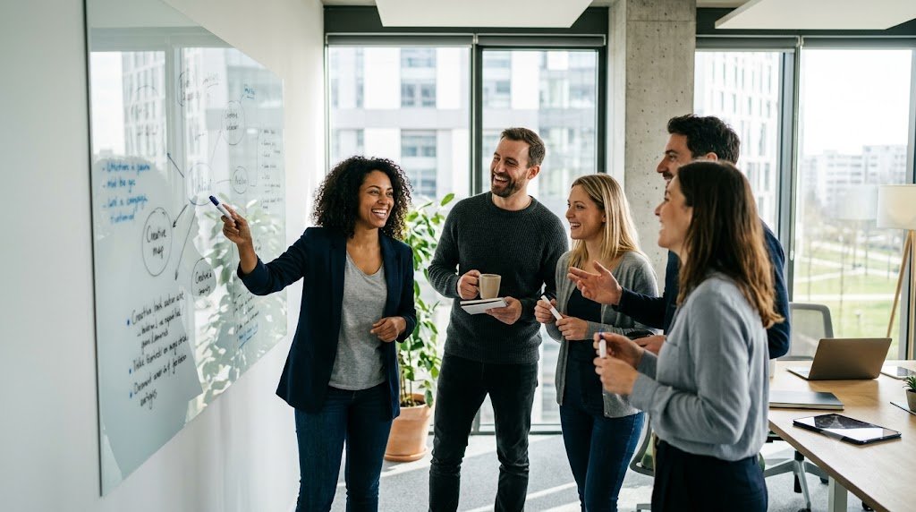 Coaching entreprise : équipe engagée en réunion