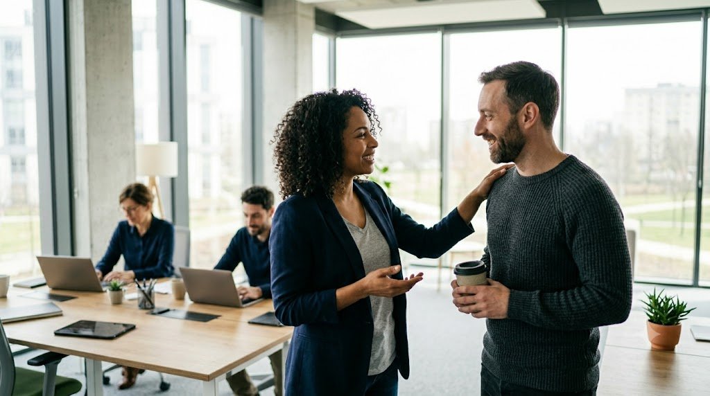 Manager qui écoute un collaborateur, levier d’engagement des salariés