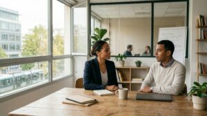 Professionnelle RH écoutant un salarié avec empathie