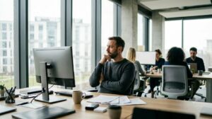 Salarié désengagé au bureau, regard tourné vers la fenêtre