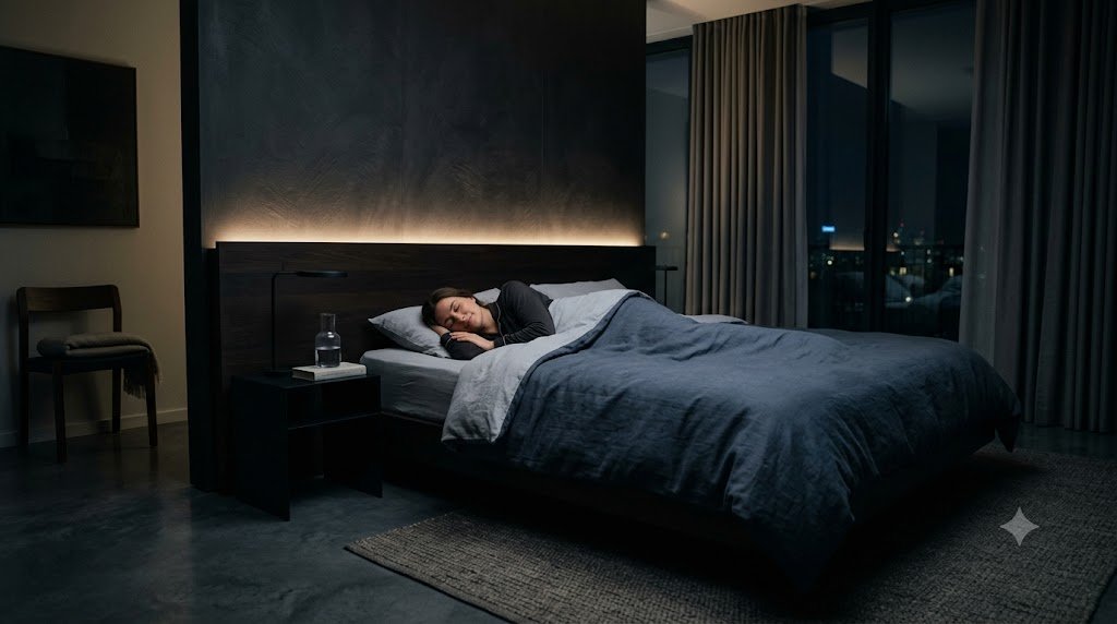 Sommeil 2026 : dormeur paisible dans une chambre sombre et silencieuse