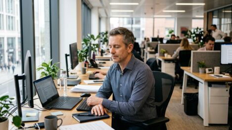 Salarié en pause de respiration au bureau, open space lumineux