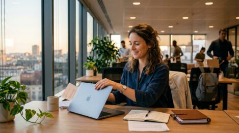 Salariée détendue en fin de journée au bureau, équilibre vie pro et perso