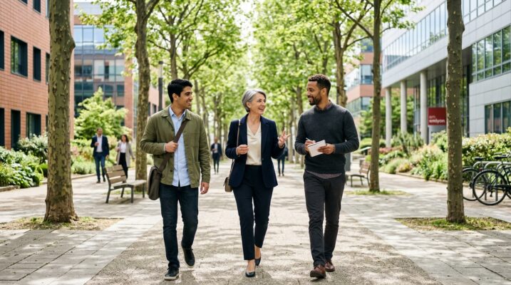Collègues en réunion marchée dans une allée arborée, hygiène de vie au travail