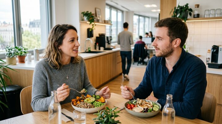 Deux collègues partagent un déjeuner sain et coloré au bureau