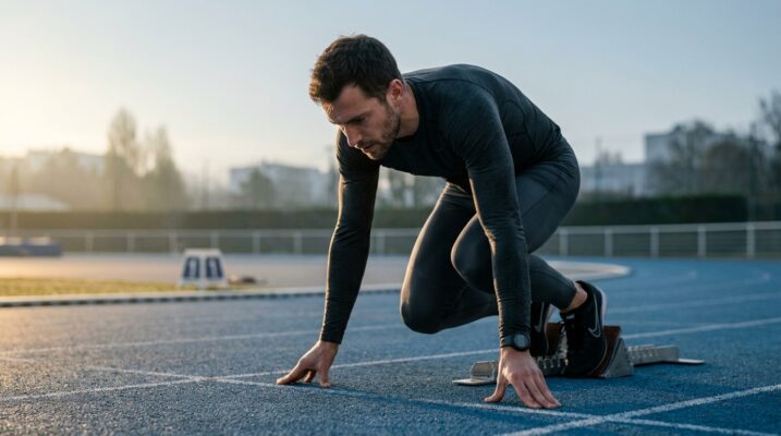 Athlète concentré sur les blocs de départ, méthodes du sport de haut niveau