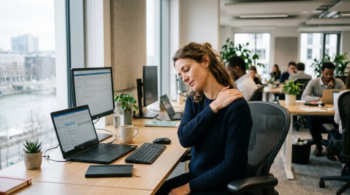 Salariée soulageant sa nuque et son épaule au bureau, prévention des TMS