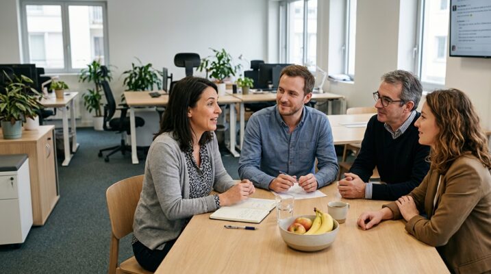 Réunion d’équipe collaborative dans un bureau lumineux