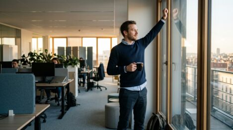Salarié reposé arrivant au bureau le matin, café en main, lumière dorée