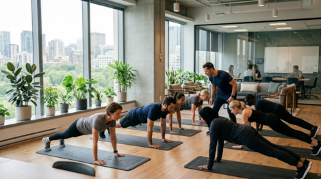 Séance de sport collectif en entreprise encadrée par un coach dans un bureau lumineux