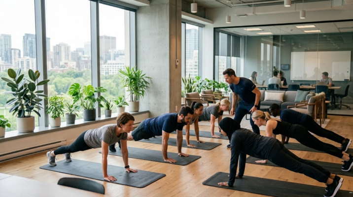 Séance de sport collectif en entreprise encadrée par un coach dans un bureau lumineux