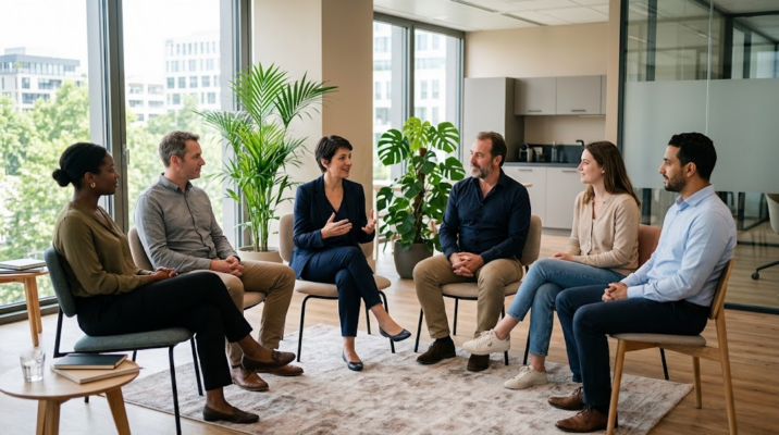 Atelier collectif d'échange et de prévention des risques psychosociaux dans un bureau lumineux